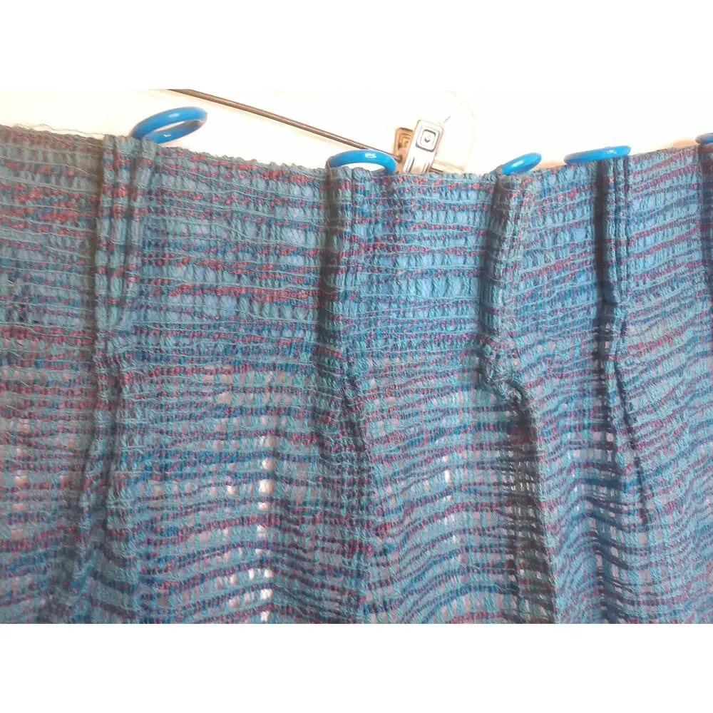 Vtg Mid Century Blue Tweed Pinch Pleat Curtains Open Weave Drapes w/ Rings Set 2